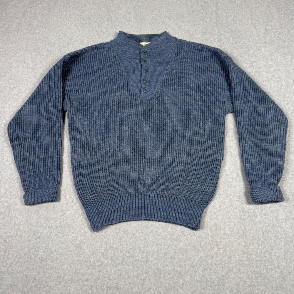 LL Bean Vintage 80s 90s High Trek Fisherman Henley Sweater Blue Wool Blend USA L